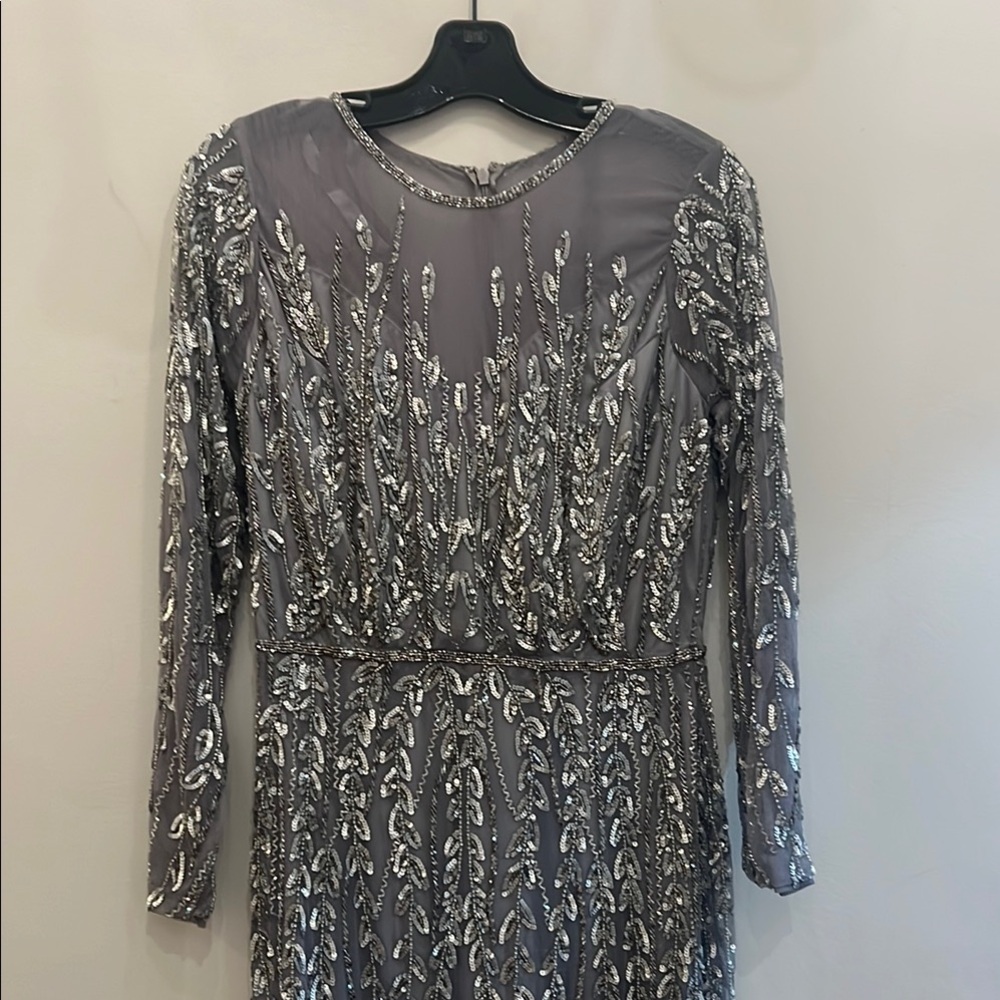 Mac Duggal Silver Sequin Long Sleeve Gown - Picture 5 of 10